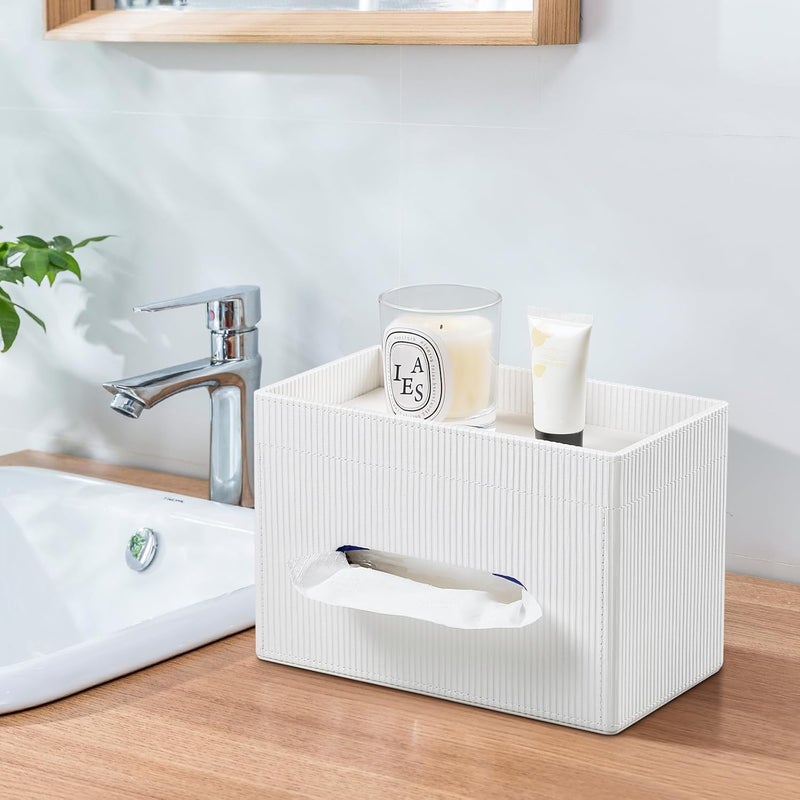 Cretkhp Tissue Box Cover Rectangle with Storage Tray, PU Leather Tissue Holder for Bathroom Vanity Countertop Night Stands Bedroom Office Desk, Stylish Rectangular Tissue Box Holder (Ivory) - Image 5